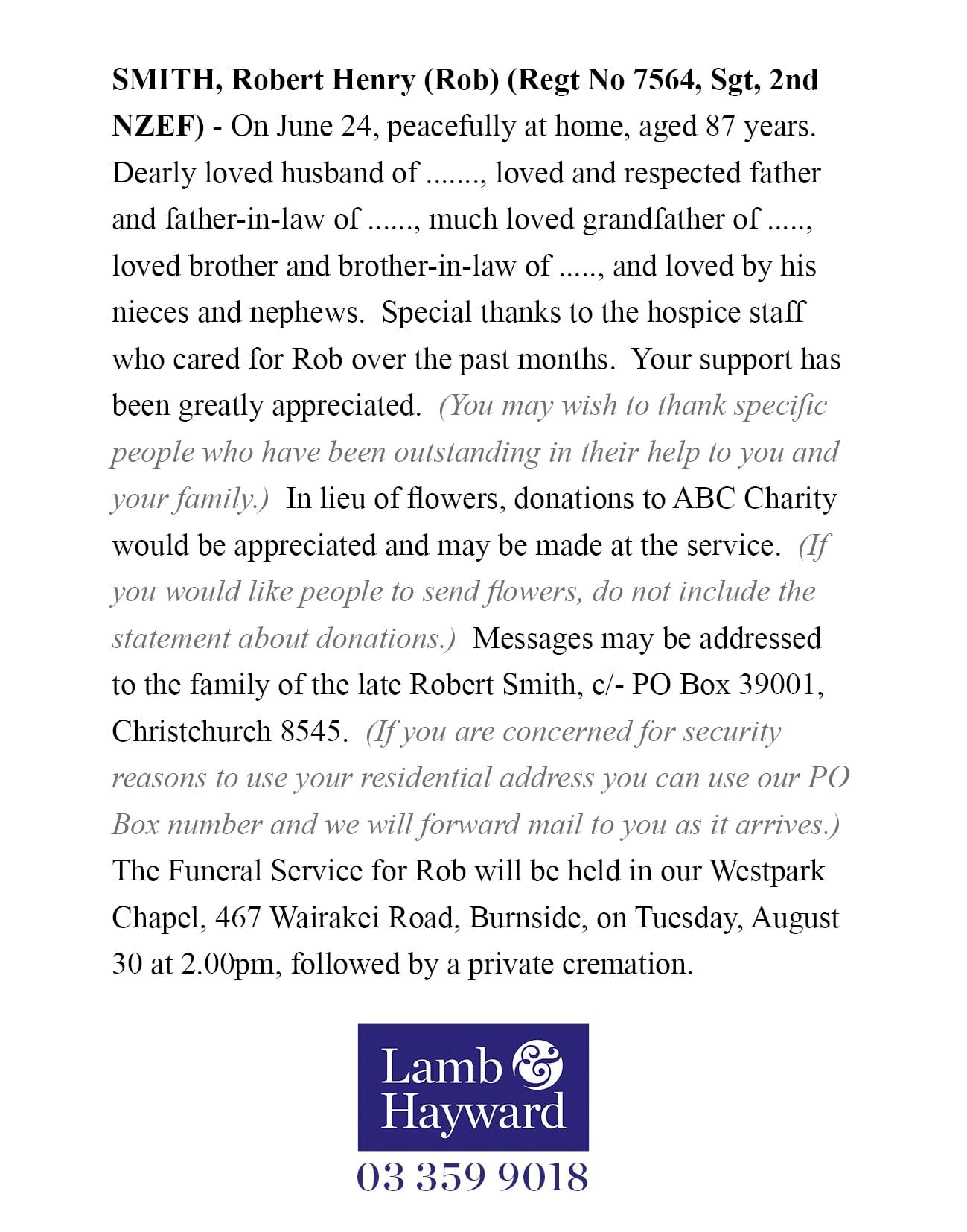 Christchurch Newspaper Death Notices Lamb Hayward